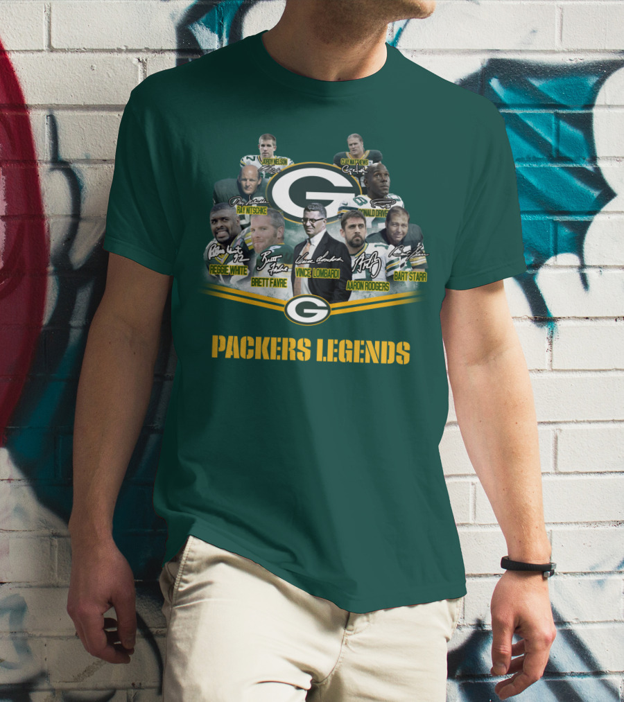 Packers Legends Vince Lombardi Reggie White Brett Favre Aaron Rodgers Ray Nitschke Bart Starr Curly Lambeau Paul Hornung T-Shirt