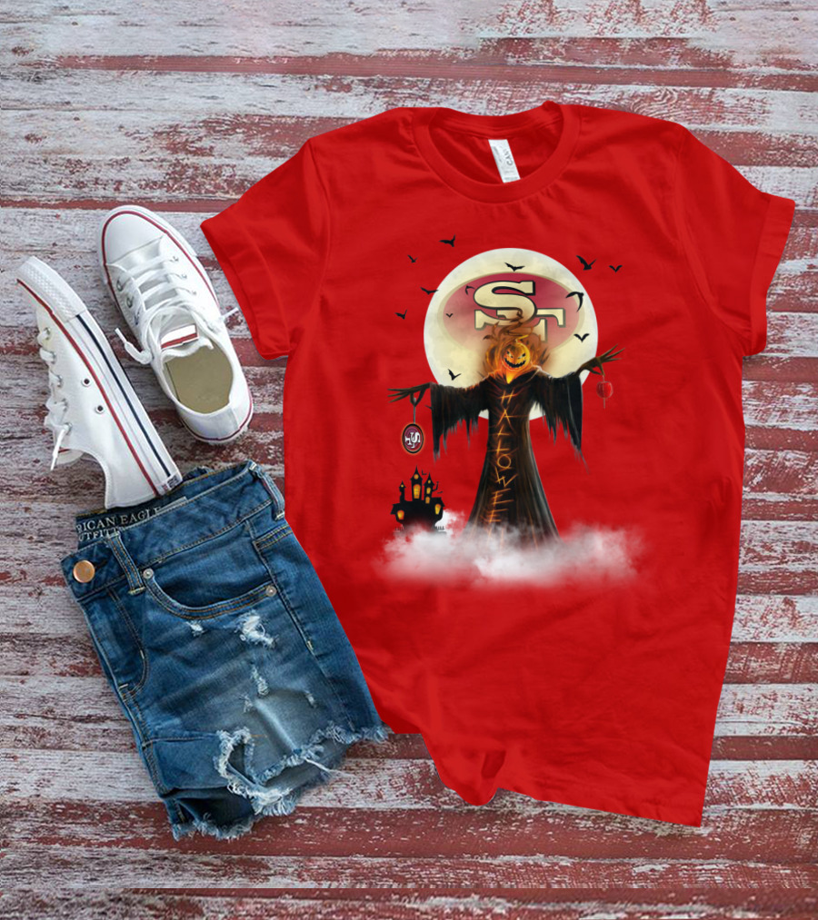 Halloween Scarecrow With Sf Logo And Haunted Castle T-Shirt