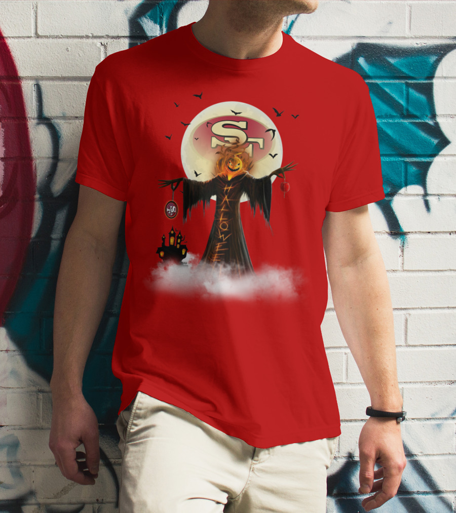 Halloween Scarecrow With Sf Logo And Haunted Castle T-Shirt