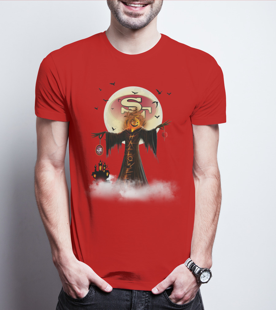 Halloween Scarecrow With Sf Logo And Haunted Castle T-Shirt