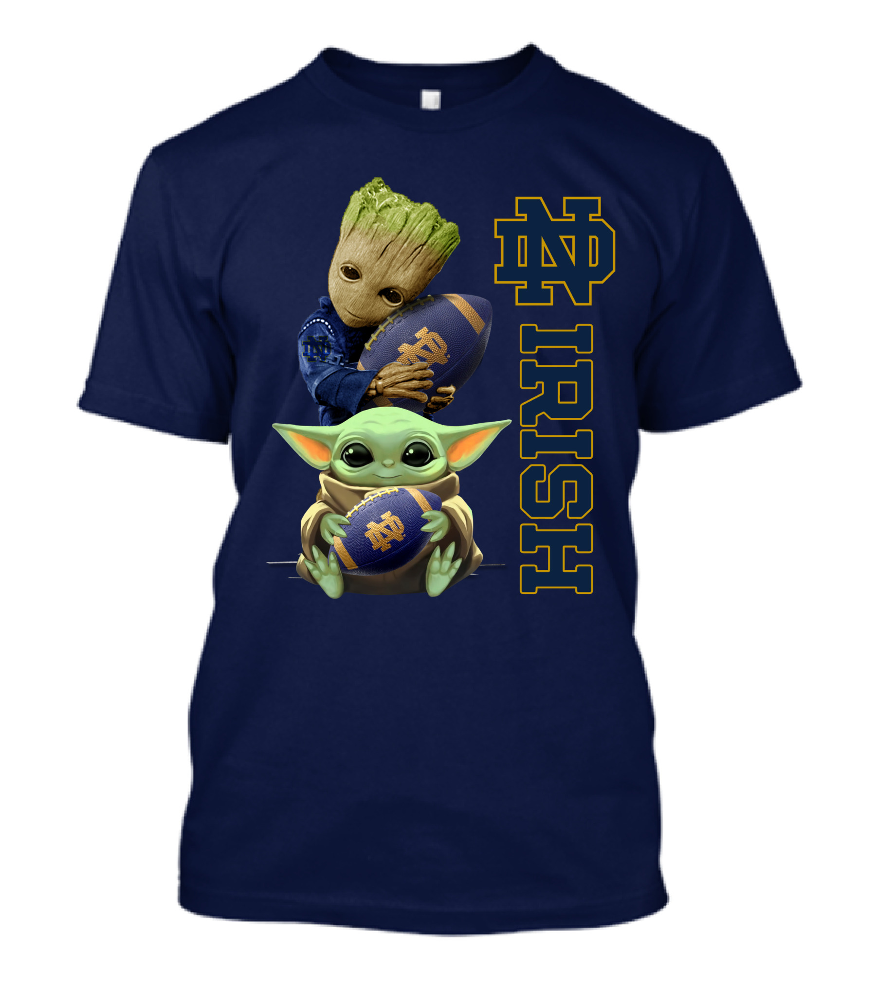 Notre Dame Irish Baby Groot And Baby Yoda Football T-Shirt