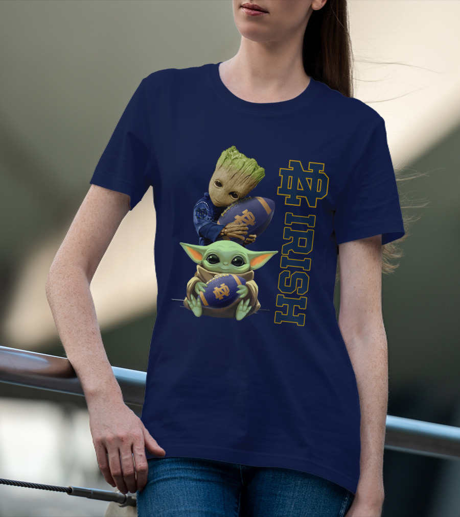 Notre Dame Irish Baby Groot And Baby Yoda Football T-Shirt