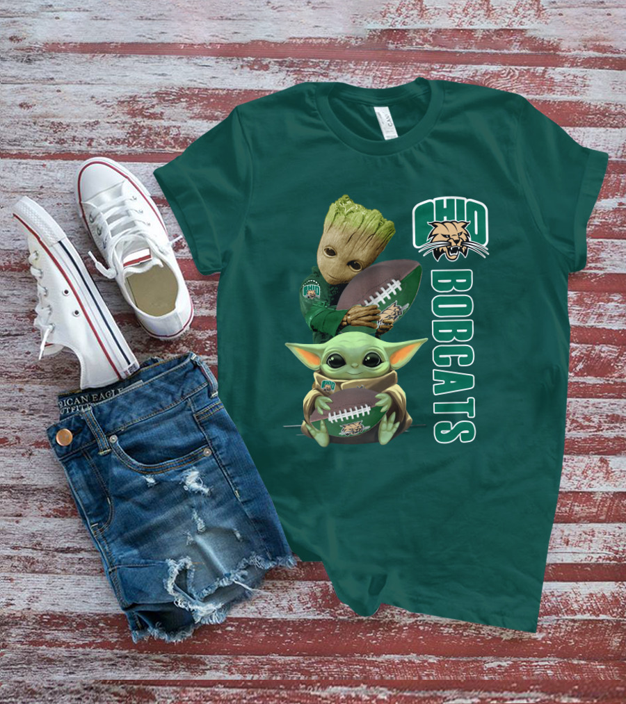 Ohio Bobcats Grogu And Groot Football T-Shirt