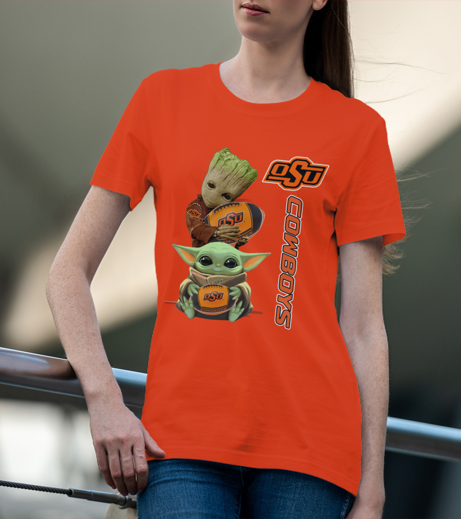 Osu Cowboys Groot And Baby Yoda Hugging Football T-Shirt