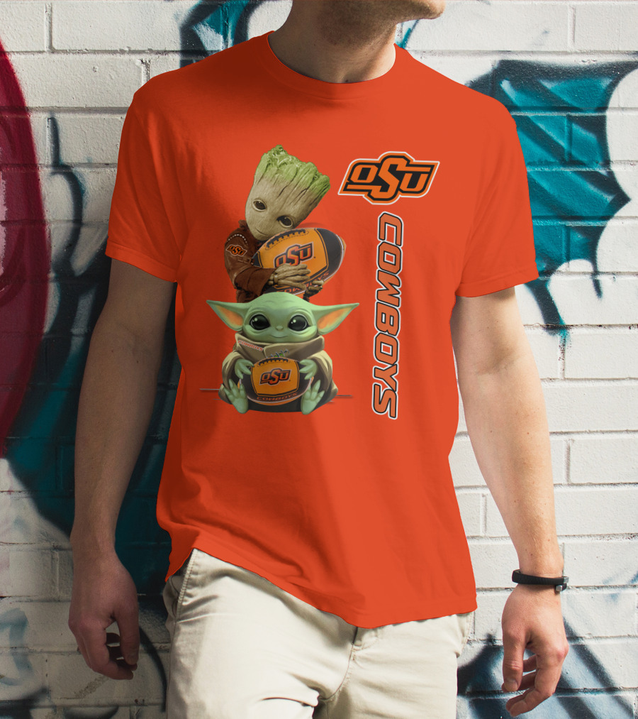 Osu Cowboys Groot And Baby Yoda Hugging Football T-Shirt