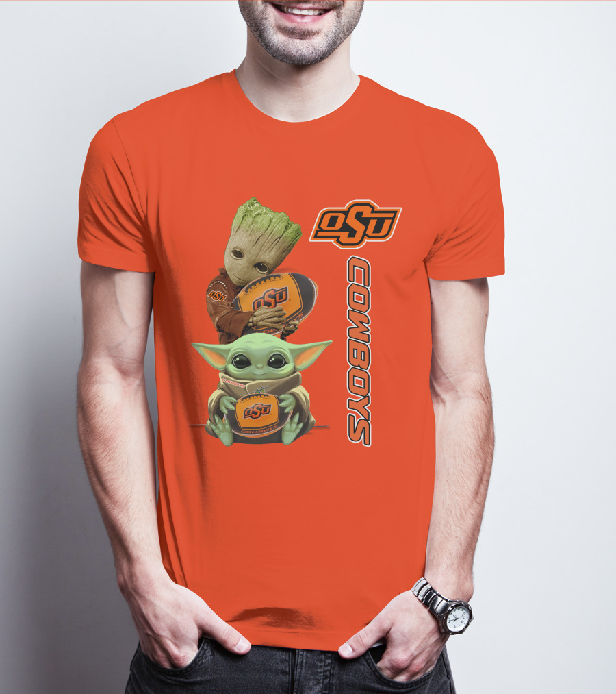 Osu Cowboys Groot And Baby Yoda Hugging Football T-Shirt