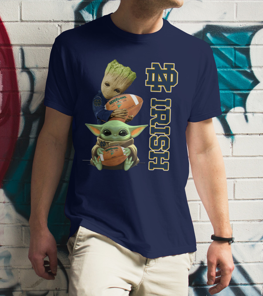 Notre Dame Irish Groot And Baby Yoda Holding Wilson Football T-Shirt