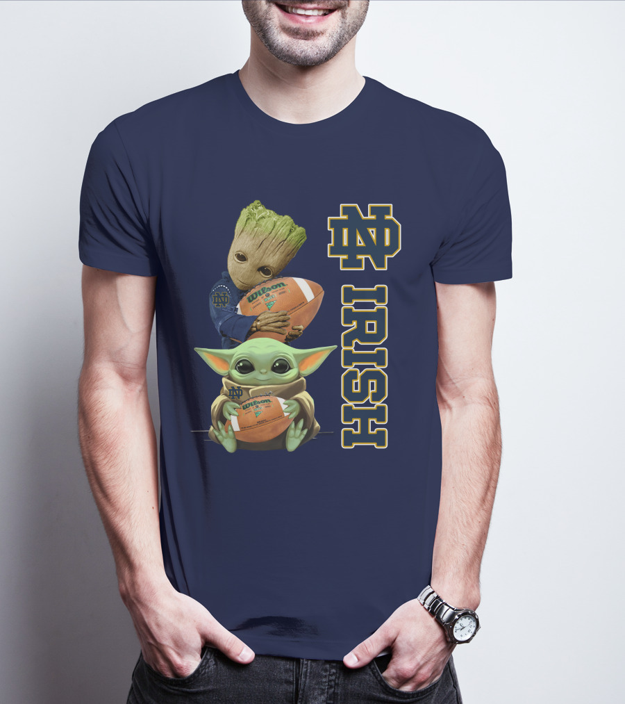 Notre Dame Irish Groot And Baby Yoda Holding Wilson Football T-Shirt