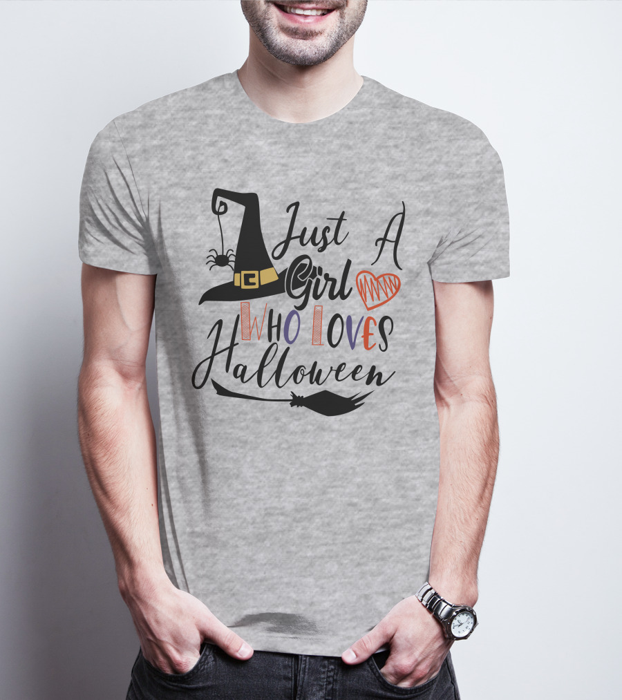 Just A Girl Who Loves Halloween Witch Hat And Broom With Spider And Heart T-Shirt