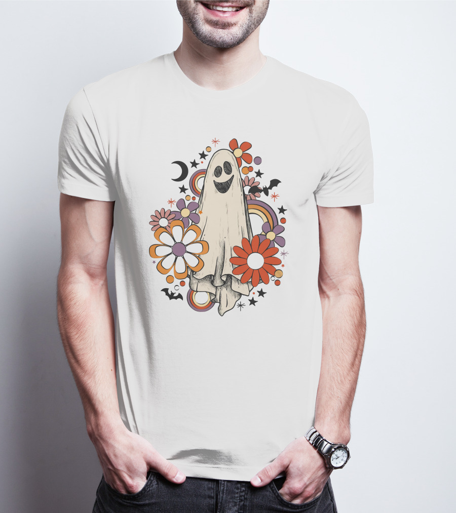 Retro Halloween Ghost With Flowers And Bats T-Shirt