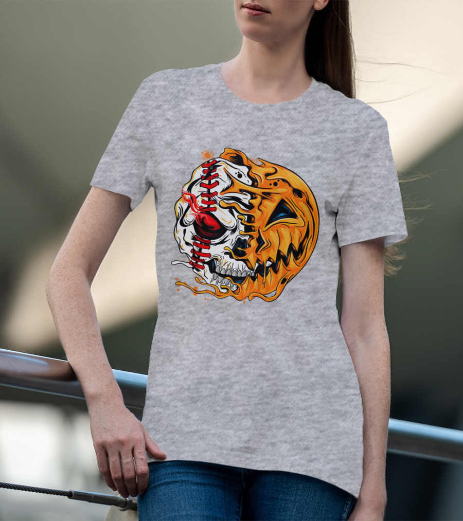Baseball Pumpkin Skull Halloween Fusion T-Shirt