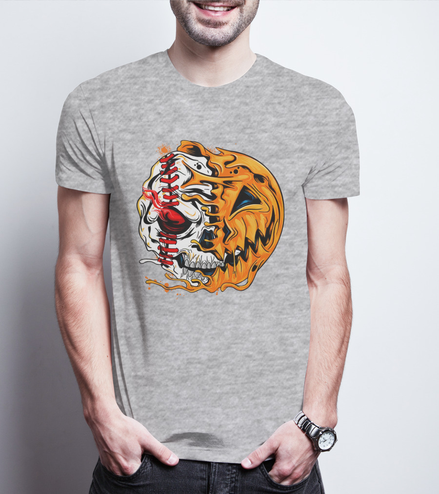Baseball Pumpkin Skull Halloween Fusion T-Shirt