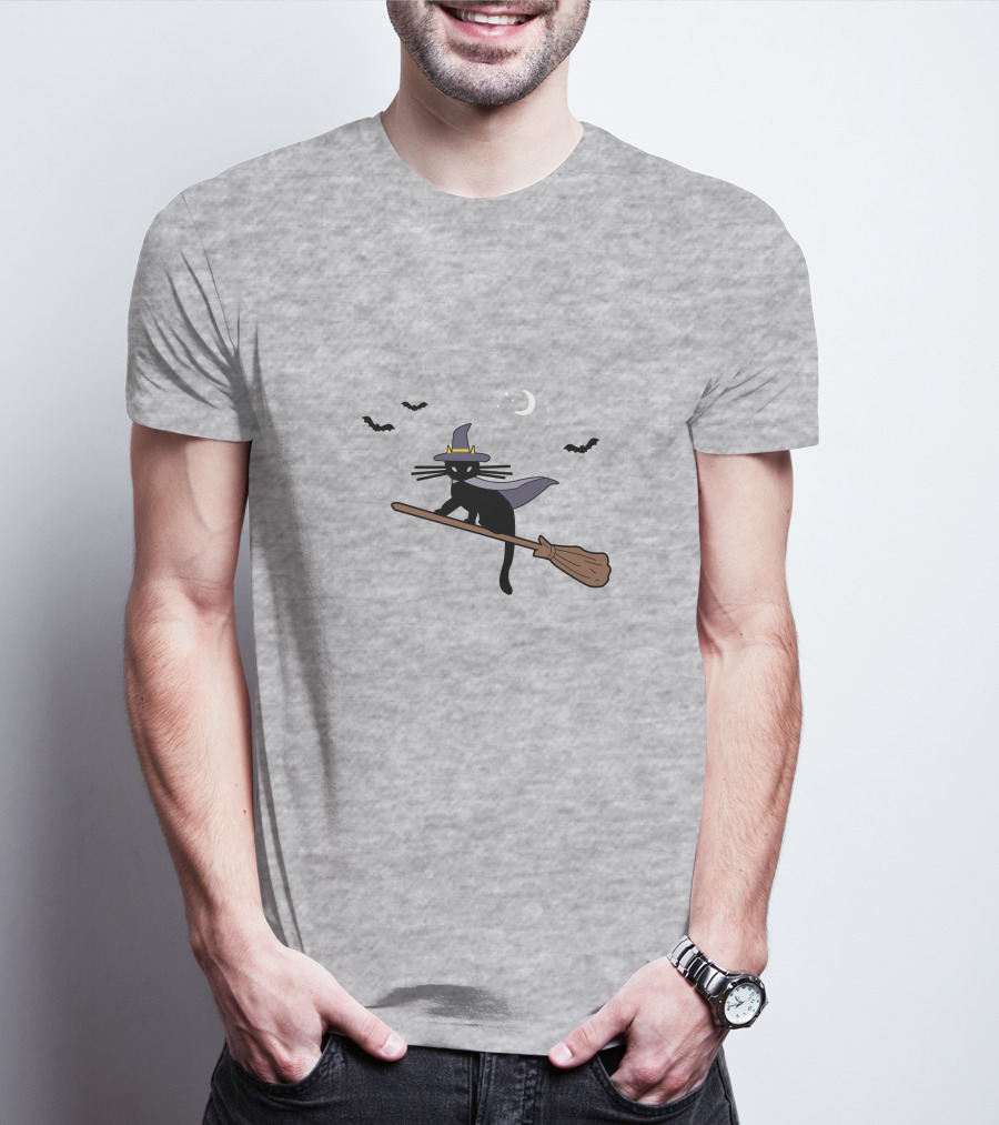 Black Cat Halloween Hocus Pocus Magic Broomstick Bat Lover T-Shirt