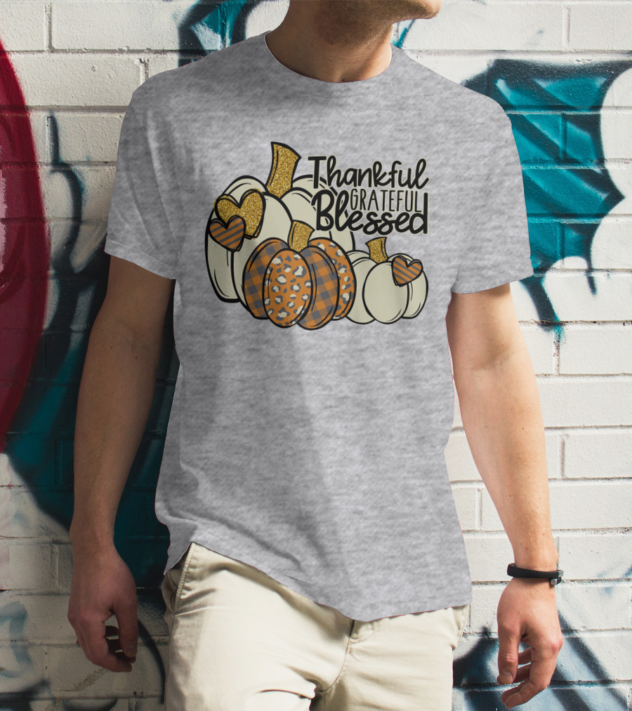Thankful Grateful Blessed Leopard Pumpkin Thanksgiving T-Shirt