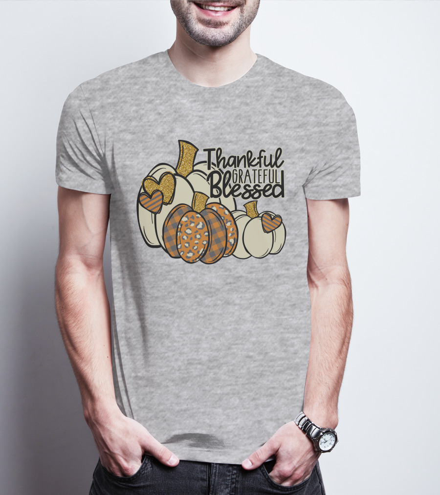 Thankful Grateful Blessed Leopard Pumpkin Thanksgiving T-Shirt