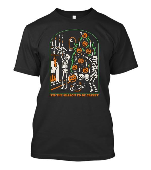 'Tis The Season To Be Creepy Skeletons By The Halloween Fireplace With Skull And Pumpkin Tree T-Shirt