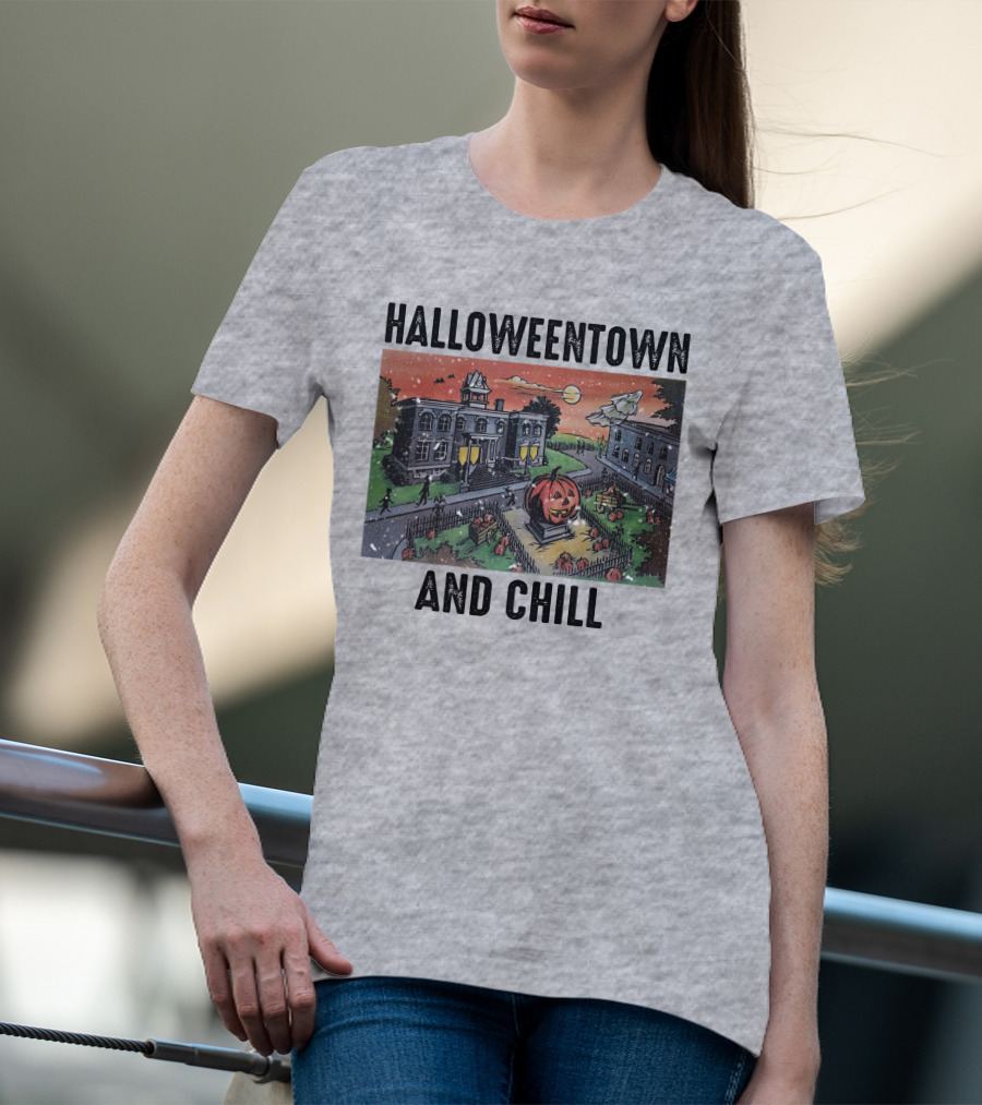 Halloweentown And Chill Spooky Town Scene With Lit Pumpkin Statue T-Shirt