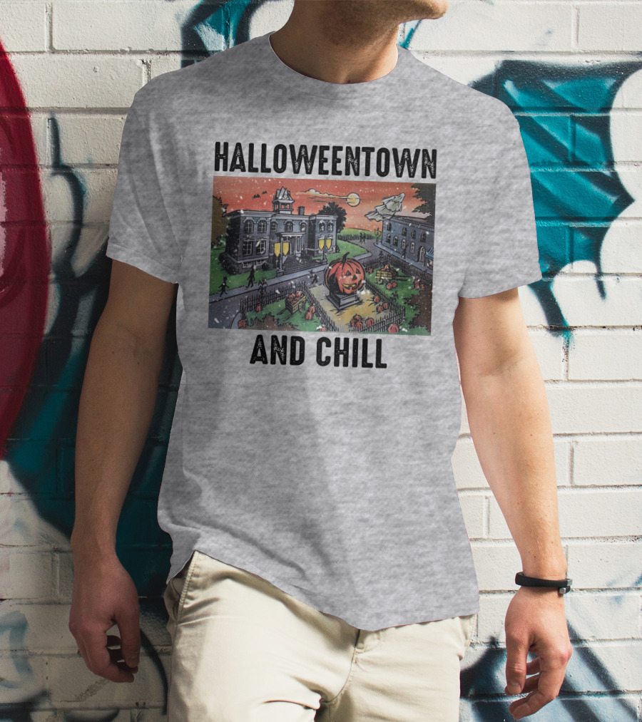 Halloweentown And Chill Spooky Town Scene With Lit Pumpkin Statue T-Shirt