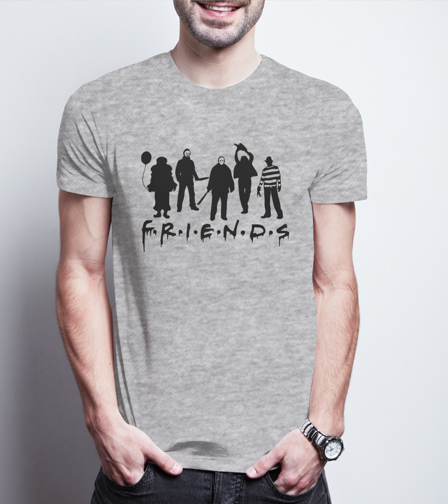 F.R.I.E.N.D.S Halloween Horror Movie Characters With Balloon And Stripes T-Shirt