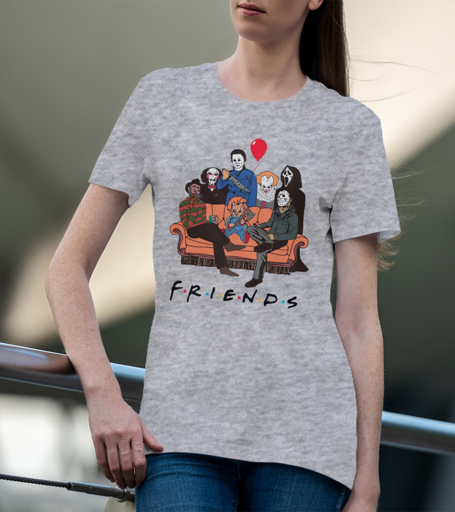 Famous Horror Movie Killers Characters Friends Sitting On Couch With Red Balloon T-Shirt