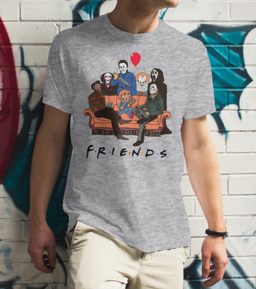 Famous Horror Movie Killers Characters Friends Sitting On Couch With Red Balloon T-Shirt