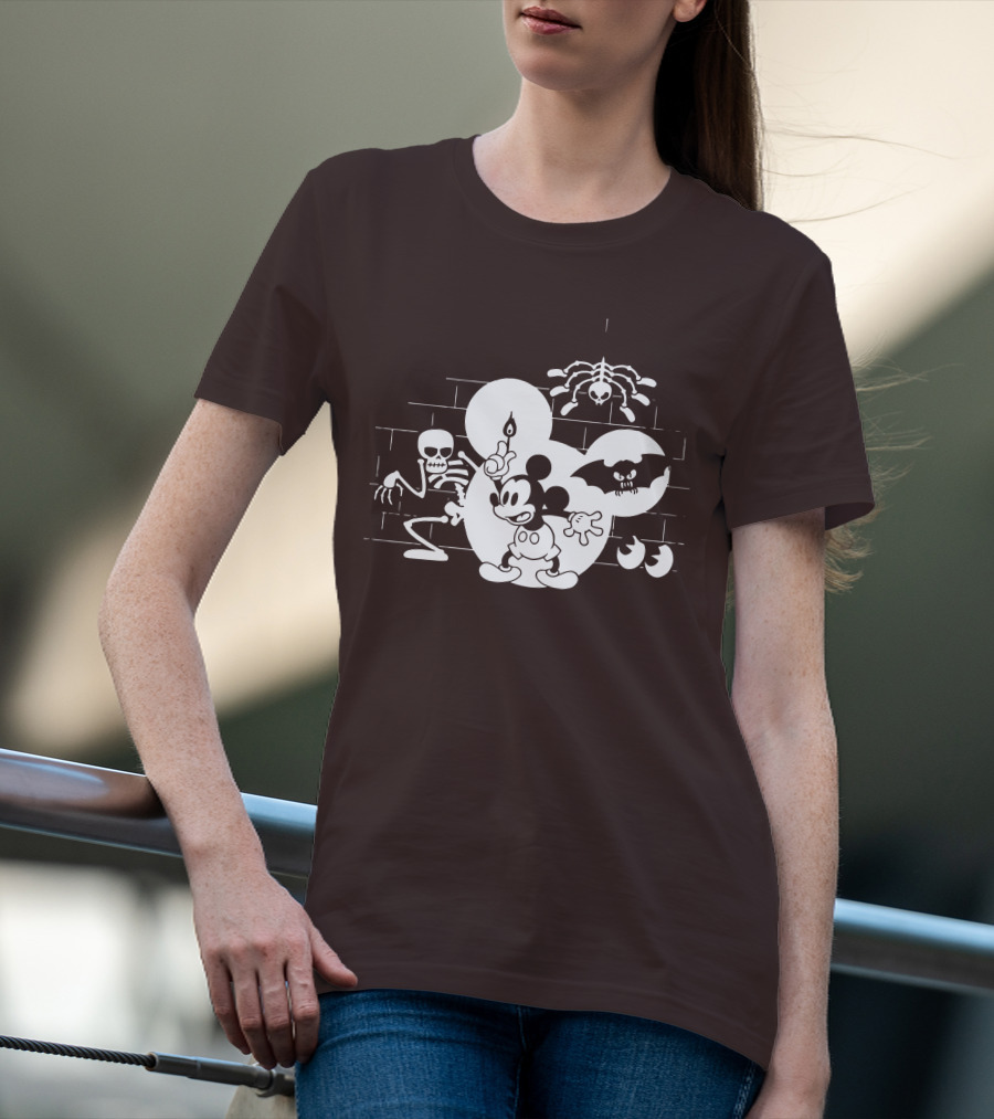 Mickey Mouse Haunted Halloween Mansion With Skeleton And Bat T-Shirt