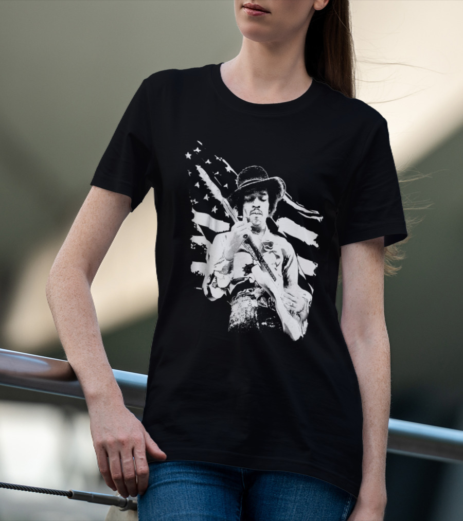 Jimi Hendrix Americana With Stars And Stripes Flag T-Shirt