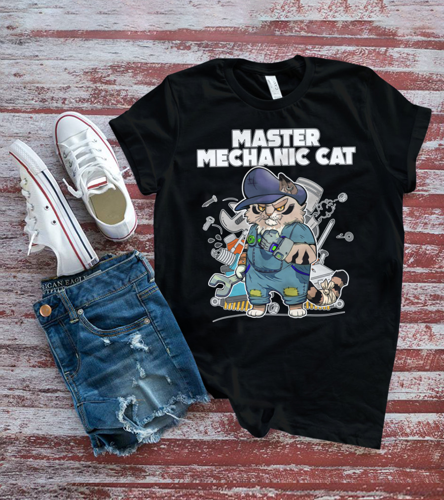 Master Mechanic Cat Repair Crew With Tools And Blue Overalls T-Shirt