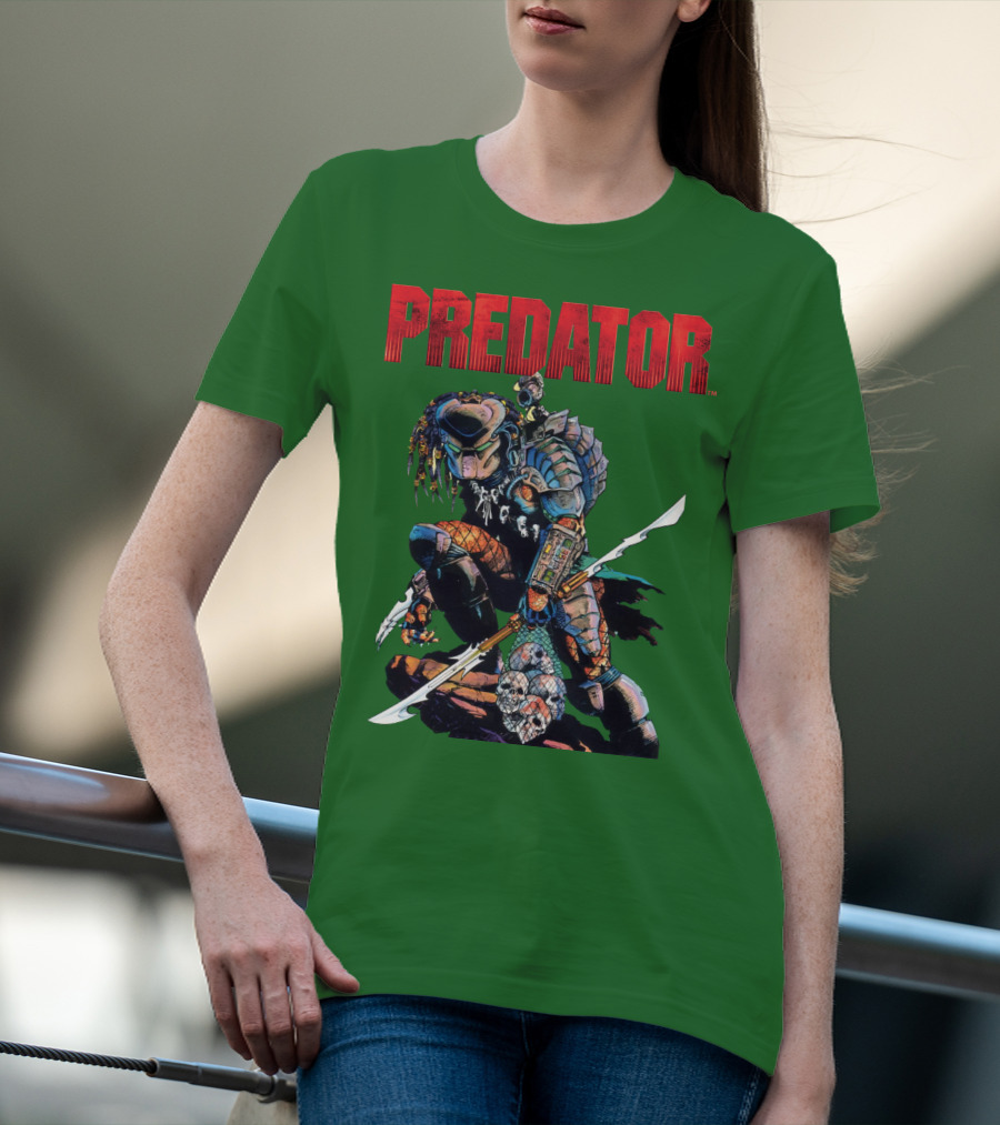 Predator Armored Warrior Kneeling With Blade And Skull Trophy T-Shirt
