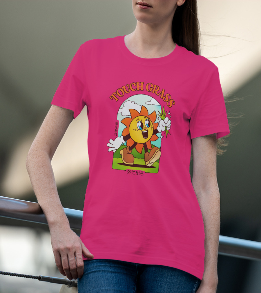 TOUCH GRASS Hellvetika Sunflower Character Boots Japan Text T-Shirt