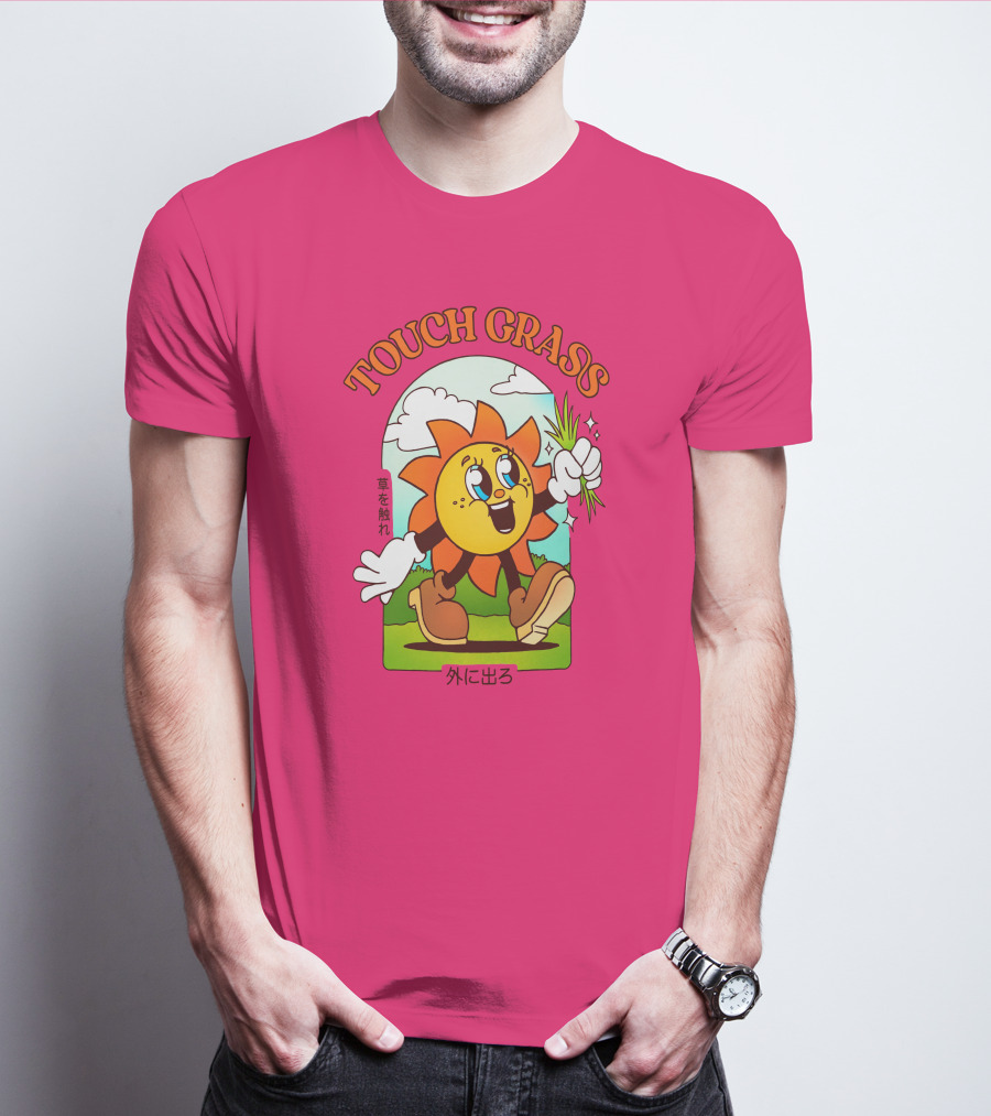 TOUCH GRASS Hellvetika Sunflower Character Boots Japan Text T-Shirt