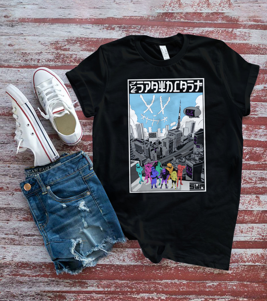 Spawncast Cyberpunk Cityscape With Masked Figures And Smiling Skyline Eyes T-Shirt