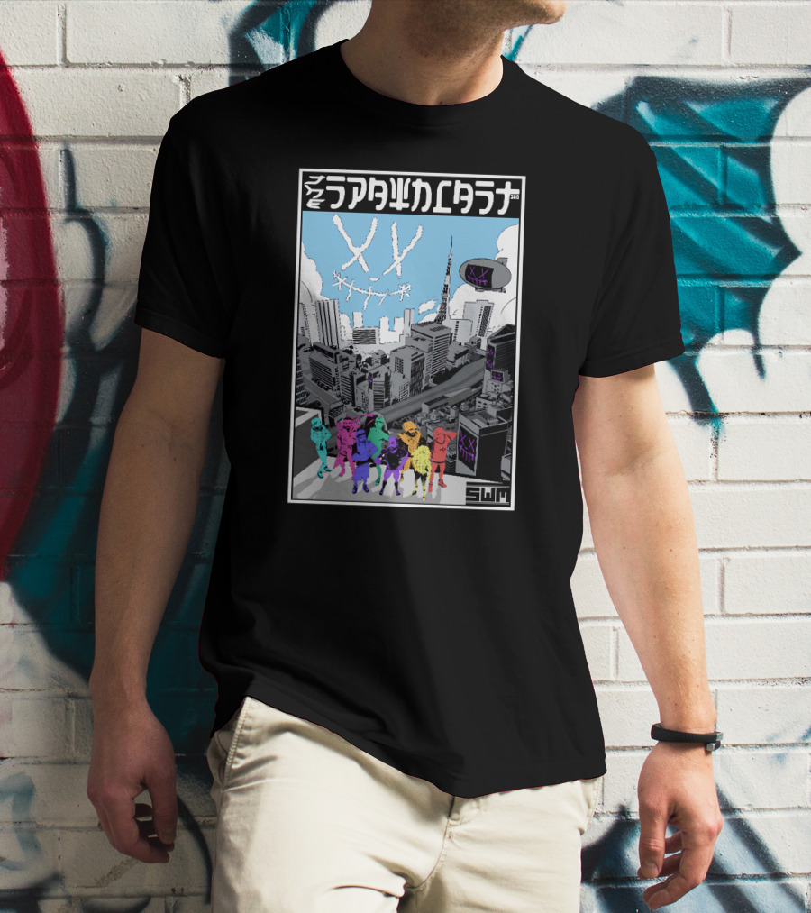 Spawncast Cyberpunk Cityscape With Masked Figures And Smiling Skyline Eyes T-Shirt