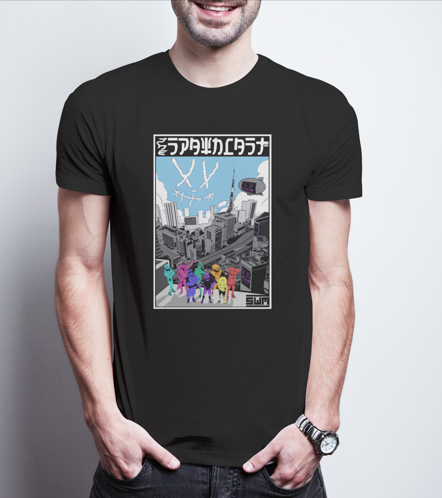 Spawncast Cyberpunk Cityscape With Masked Figures And Smiling Skyline Eyes T-Shirt