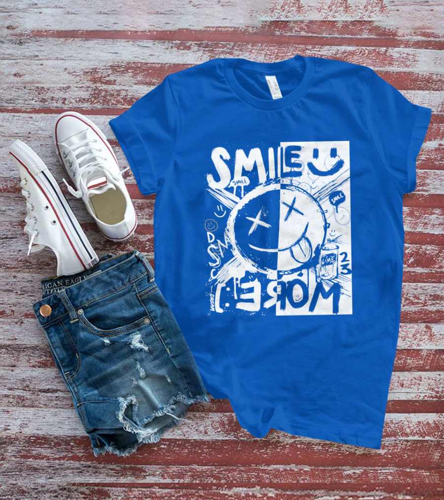 Smile More April Members Only Blue Grunge Style Smiley Face T-Shirt