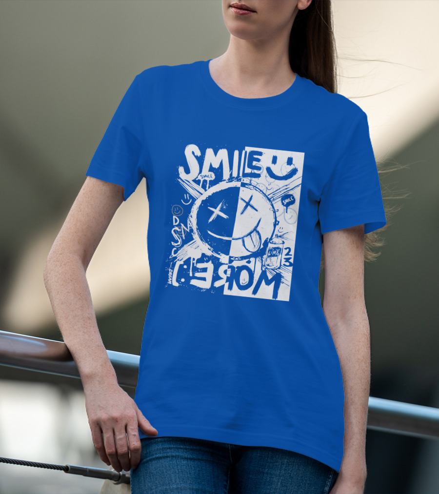 Smile More April Members Only Blue Grunge Style Smiley Face T-Shirt