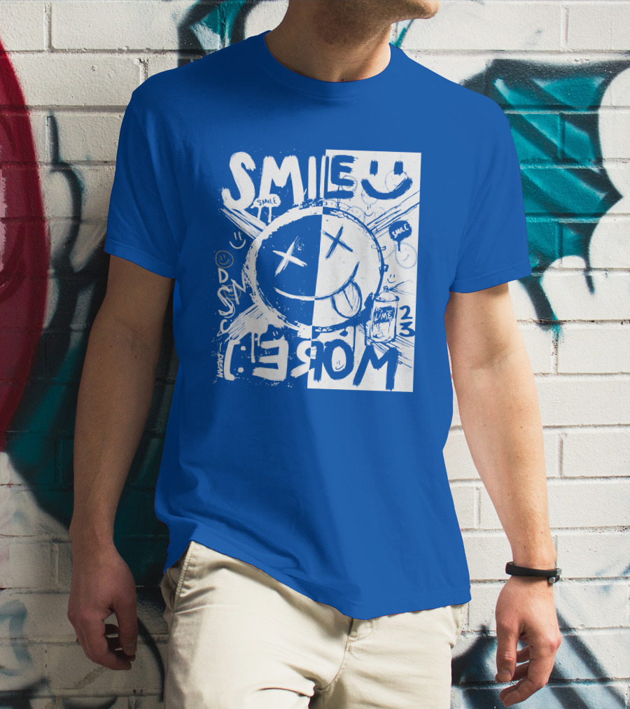 Smile More April Members Only Blue Grunge Style Smiley Face T-Shirt