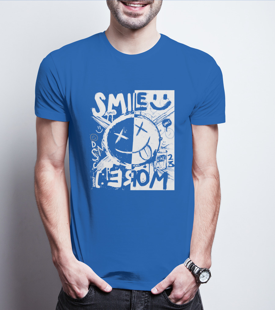 Smile More April Members Only Blue Grunge Style Smiley Face T-Shirt