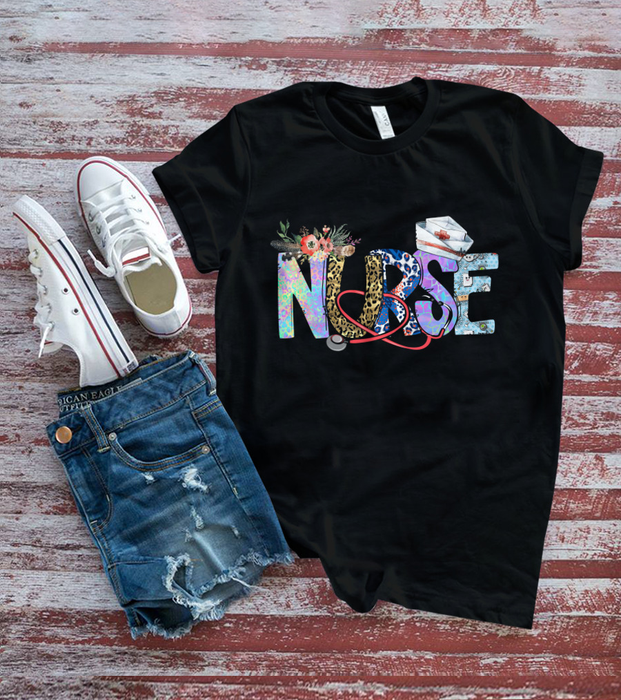 Nurse Colorful Floral Animal Print Stethoscope Hat T-Shirt