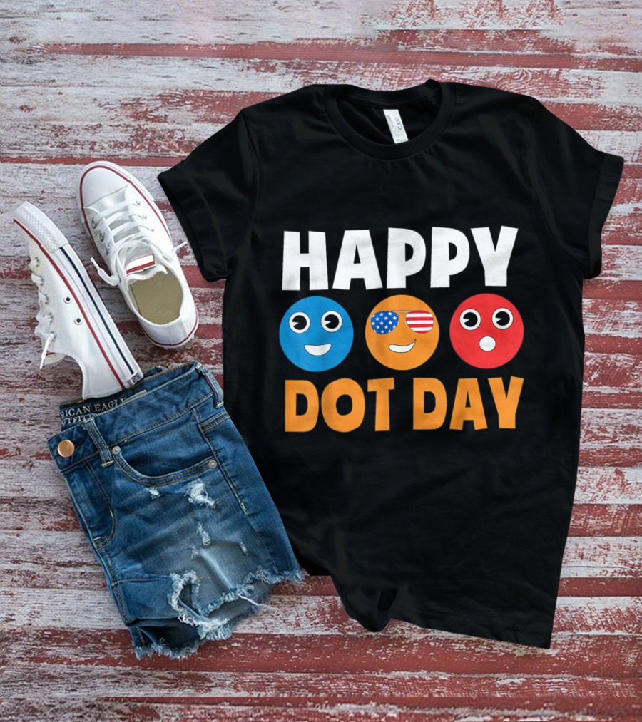 Happy International Dot Day Colorful Emoji Faces With USA Flag Glasses T-Shirt