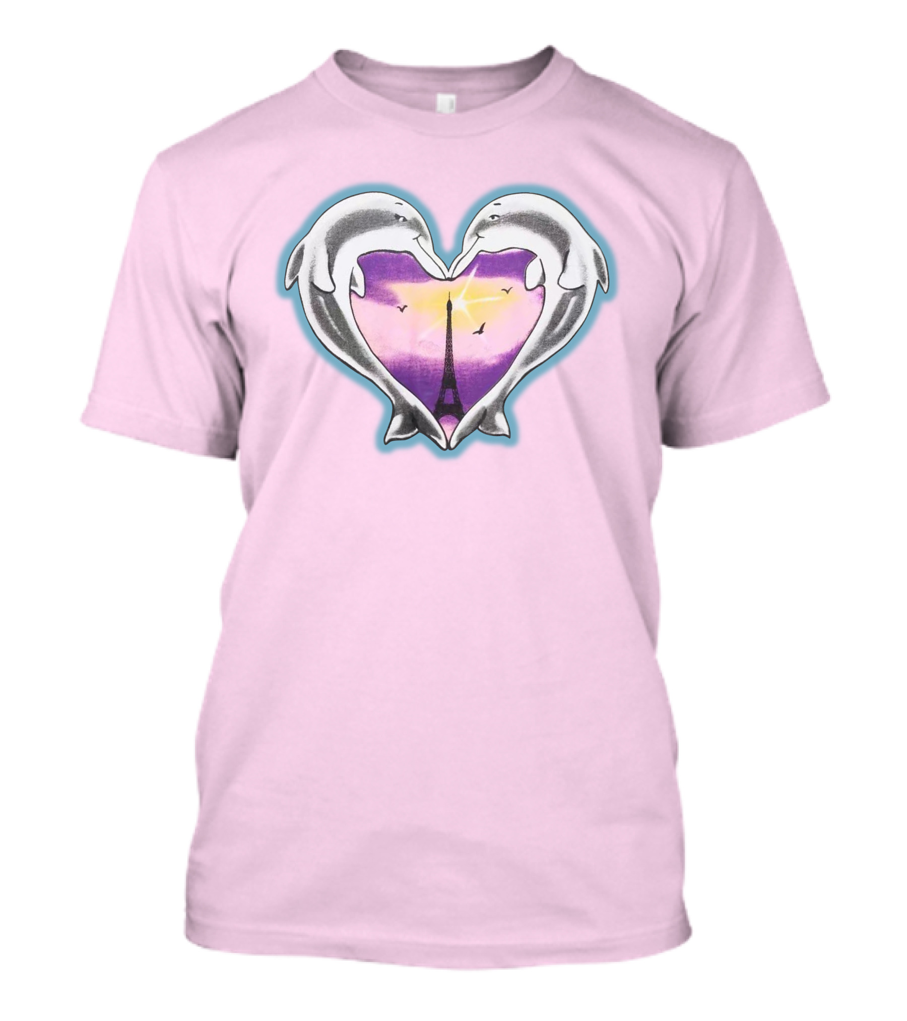 Dolphins Heart Eiffel Tower Sunset Paris Pink Background T-Shirt