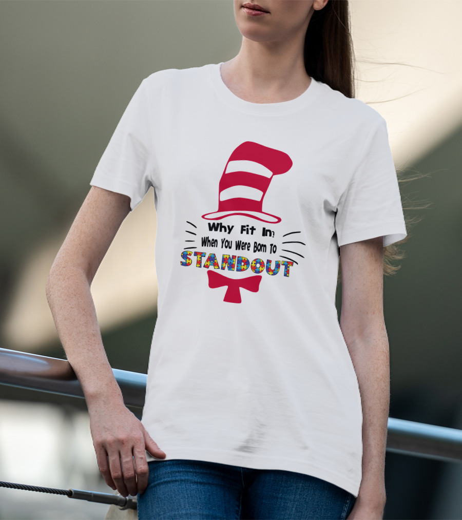 Why Fit In When You Were Born To Standout Autism Cat Hat Puzzle T-Shirt