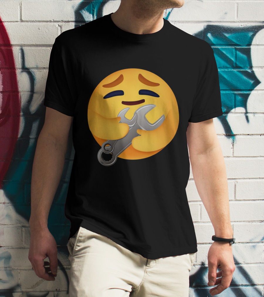 FUNNY MECHANIC EMOTION HUGGING WRENCH EMOJI T-Shirt