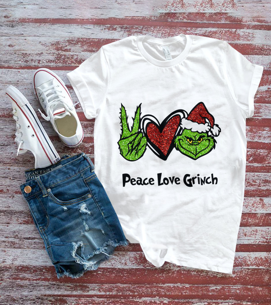 Peace Love Grinch Glitter Christmas Santa Hat T-Shirt