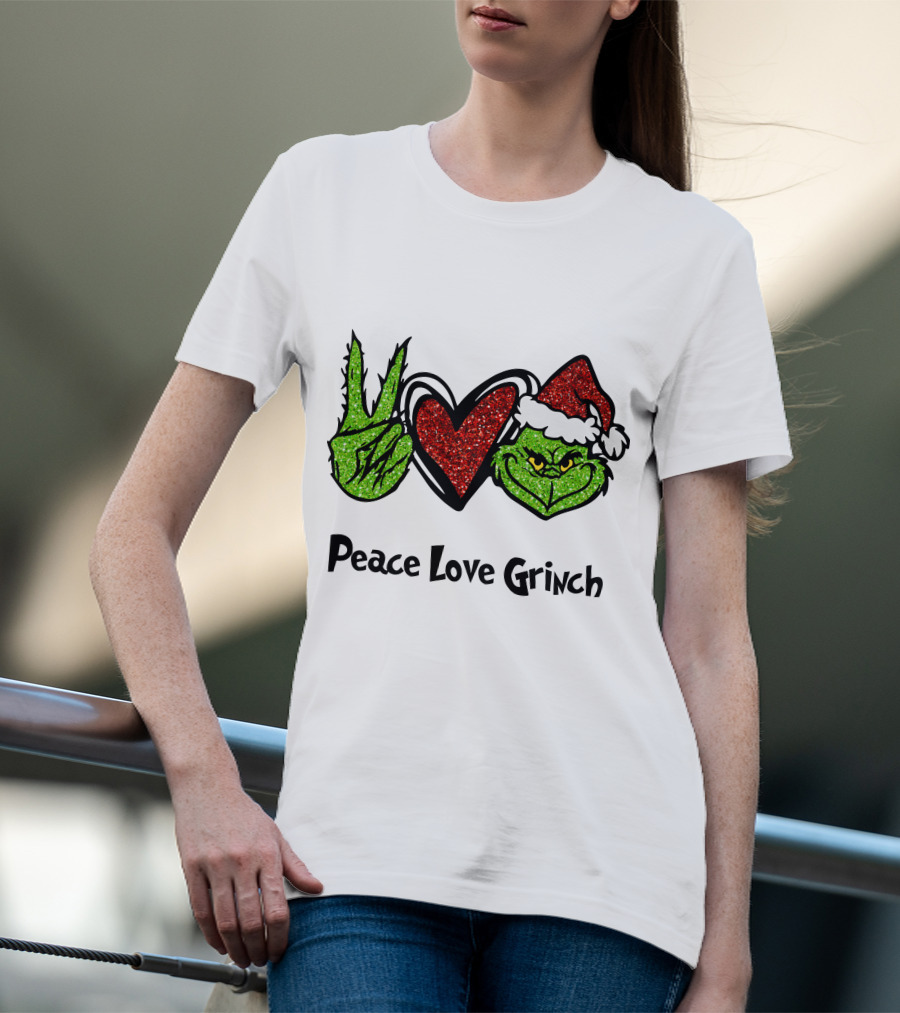 Peace Love Grinch Glitter Christmas Santa Hat T-Shirt