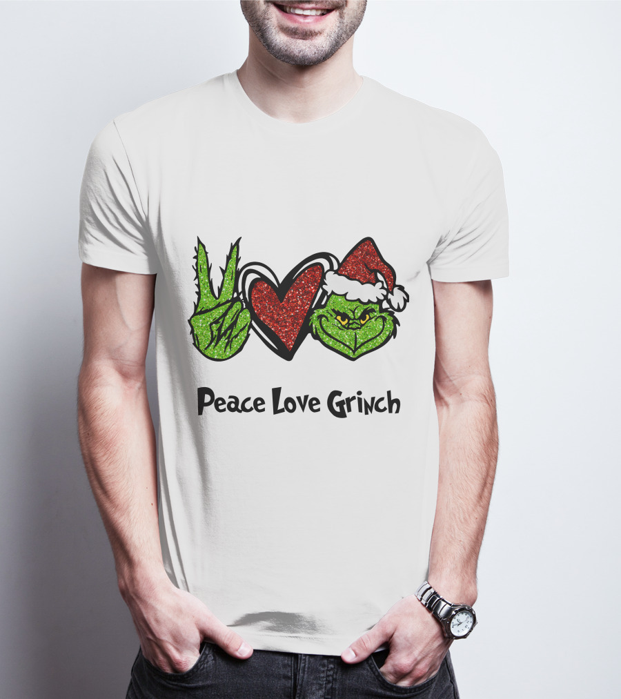 Peace Love Grinch Glitter Christmas Santa Hat T-Shirt