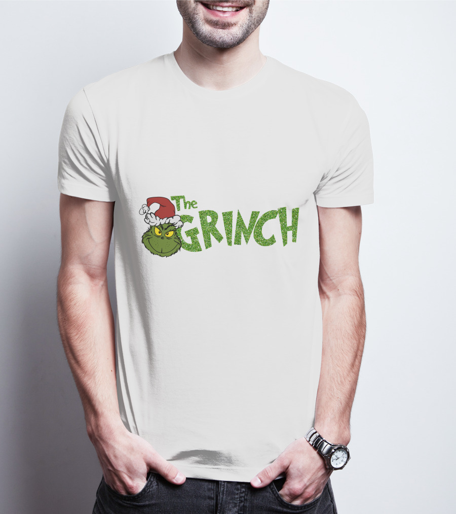The Grinch Santa Hat Christmas Green Glittery Text T-Shirt