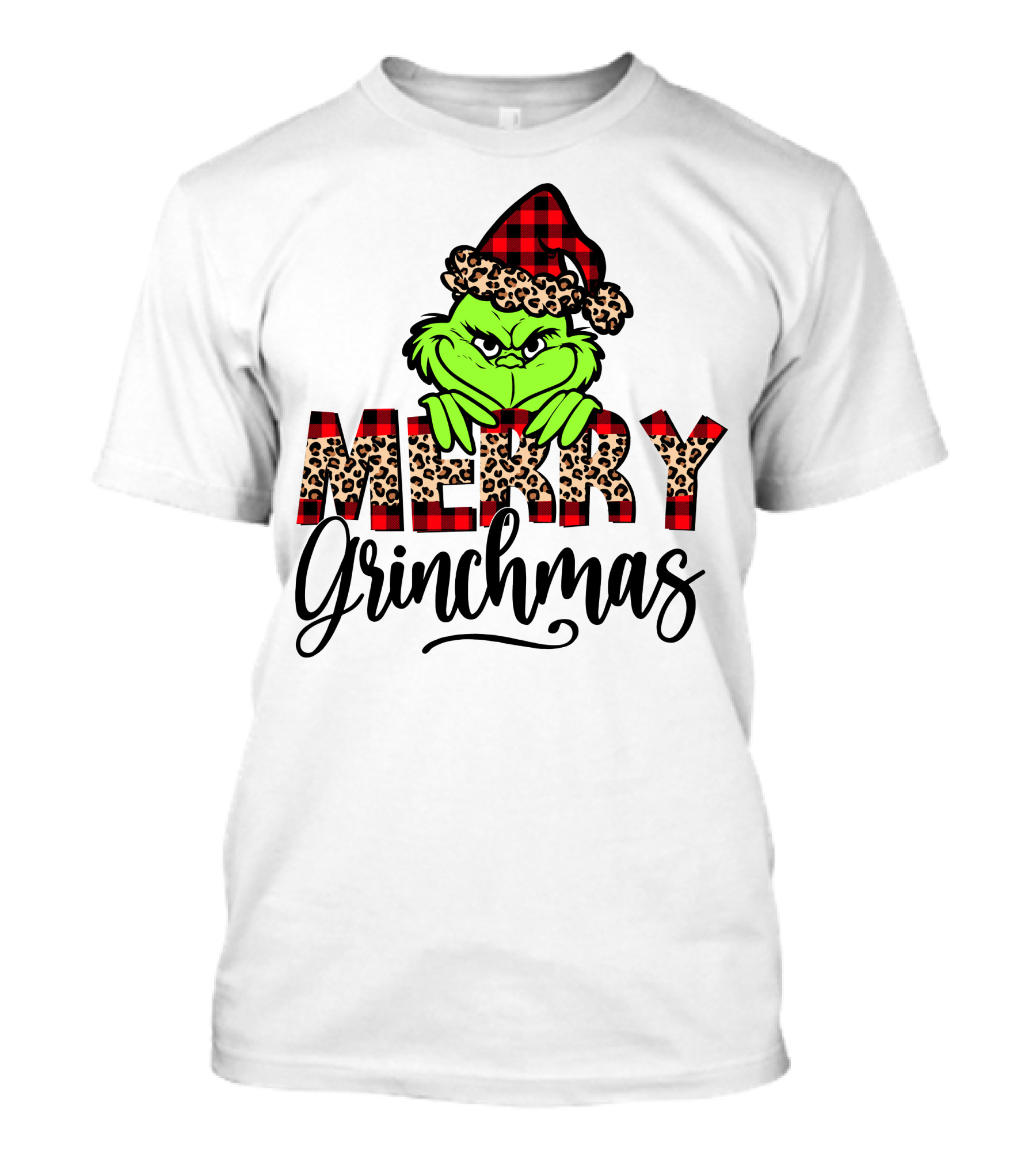 Merry Grinchmas Red Plaid And Leopard Print Christmas Grinch T-Shirt