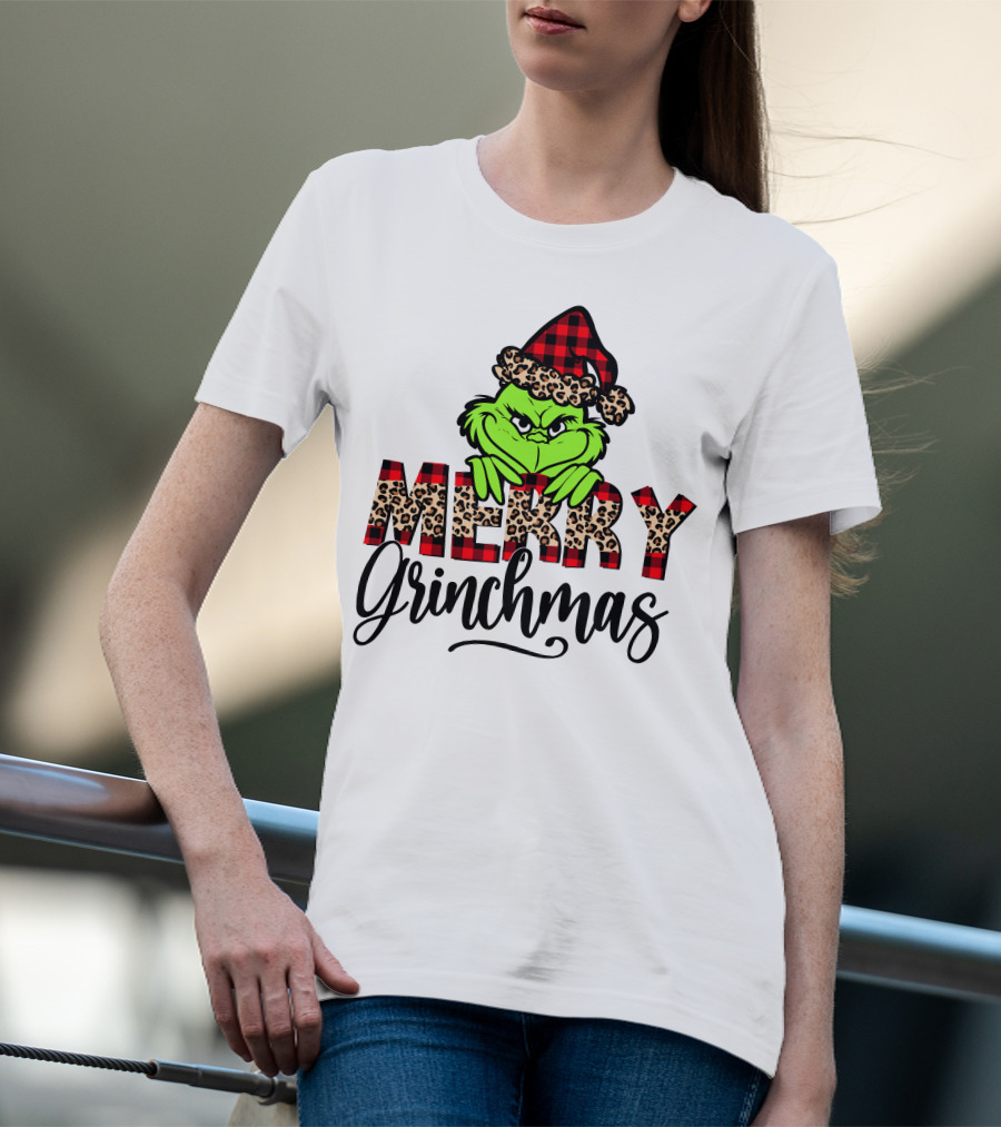 Merry Grinchmas Red Plaid And Leopard Print Christmas Grinch T-Shirt