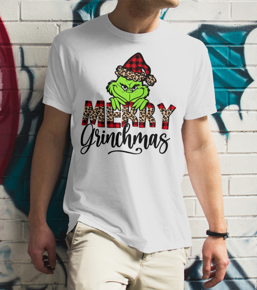 Merry Grinchmas Red Plaid And Leopard Print Christmas Grinch T-Shirt